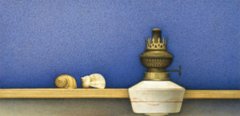 Wim Blom-Two sea shells on a shelf with oil lamp