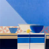 Wim Blom- Still life with striped cloth 2008 oil on canvas 66 x 66 cm-  26 x 26