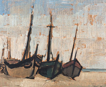Wim Blom (South African 1927-) BOATS ON THE BEACH signed and dated '56 oil